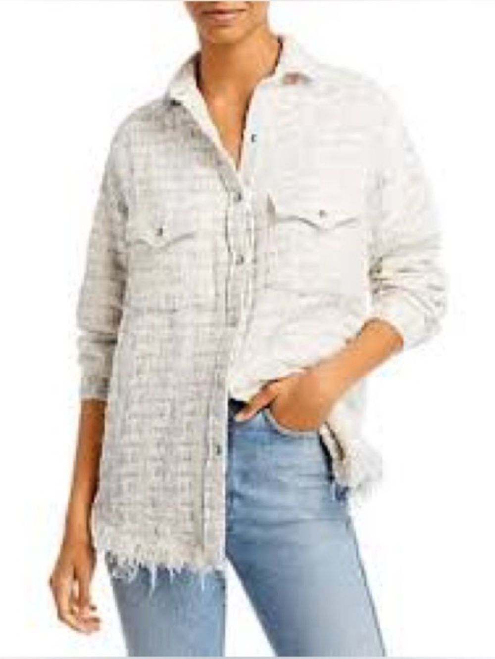 IRO Paris Metallic Tweed Fringe Hem Shacket Jacket Snap Button Cream Silver 36
